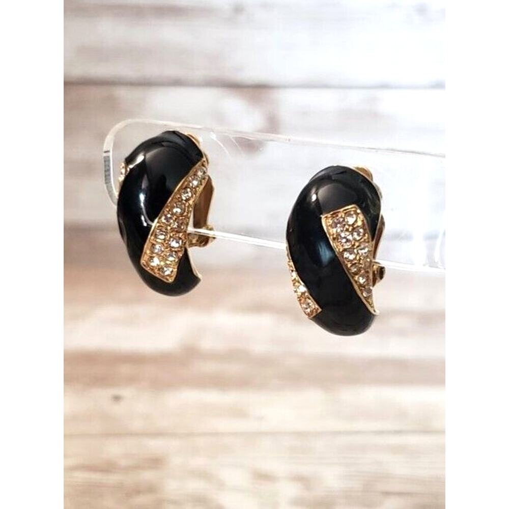 Vintage Clip On Earrings Large Curved Chunky Black Enamel, Clear Gems, Gold Tone